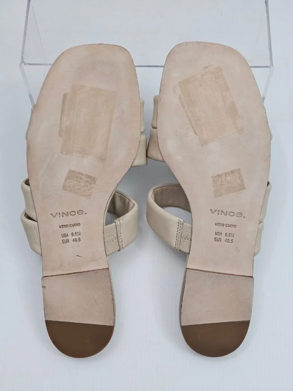 Vince Dallas Flat Slide Sandal Womens 9.5 Beige Leather Triple Strap Square Toe